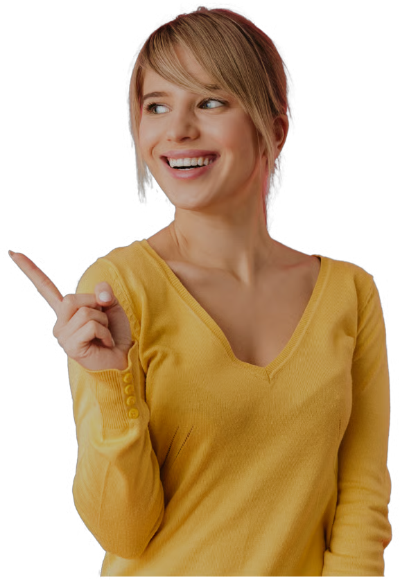 Happy customer pointing to the Lev Pages offer